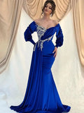 Elegant Royal Blue Mermaid Off Shoulder Evening Dresses V-Neck Decal Beaded Long Sleeve Arab Dubai Prom Gown Photo Color