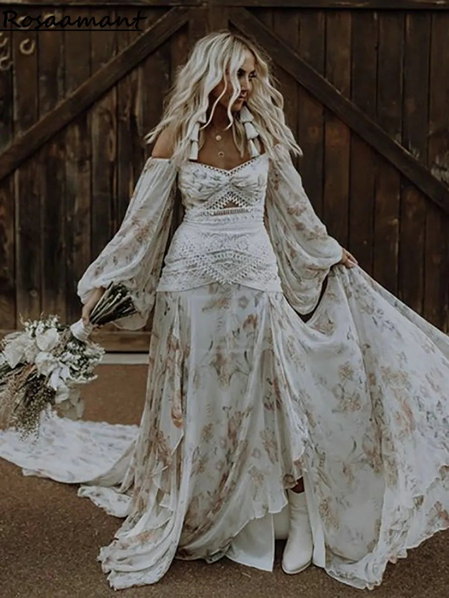 Robe De mariée trapèze en dentelle, imprimé Floral bohème, épaules dénudées, manches longues, robes De mariée 