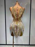 Luxury Birthday Dress Rhinestone Tassel Sexy Women Short Latino Dance Dress Nightclub Bar Sparkly Performance Stage Outfit