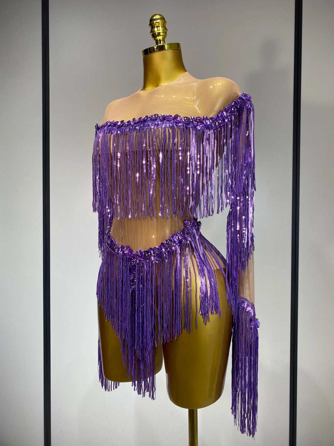 Sparkly Tassel Rhinestones Long Sleeves Sexy Stretch Mesh See Through Bodysuit Women Nightclub Stage Singer Perform Costume PURPLE