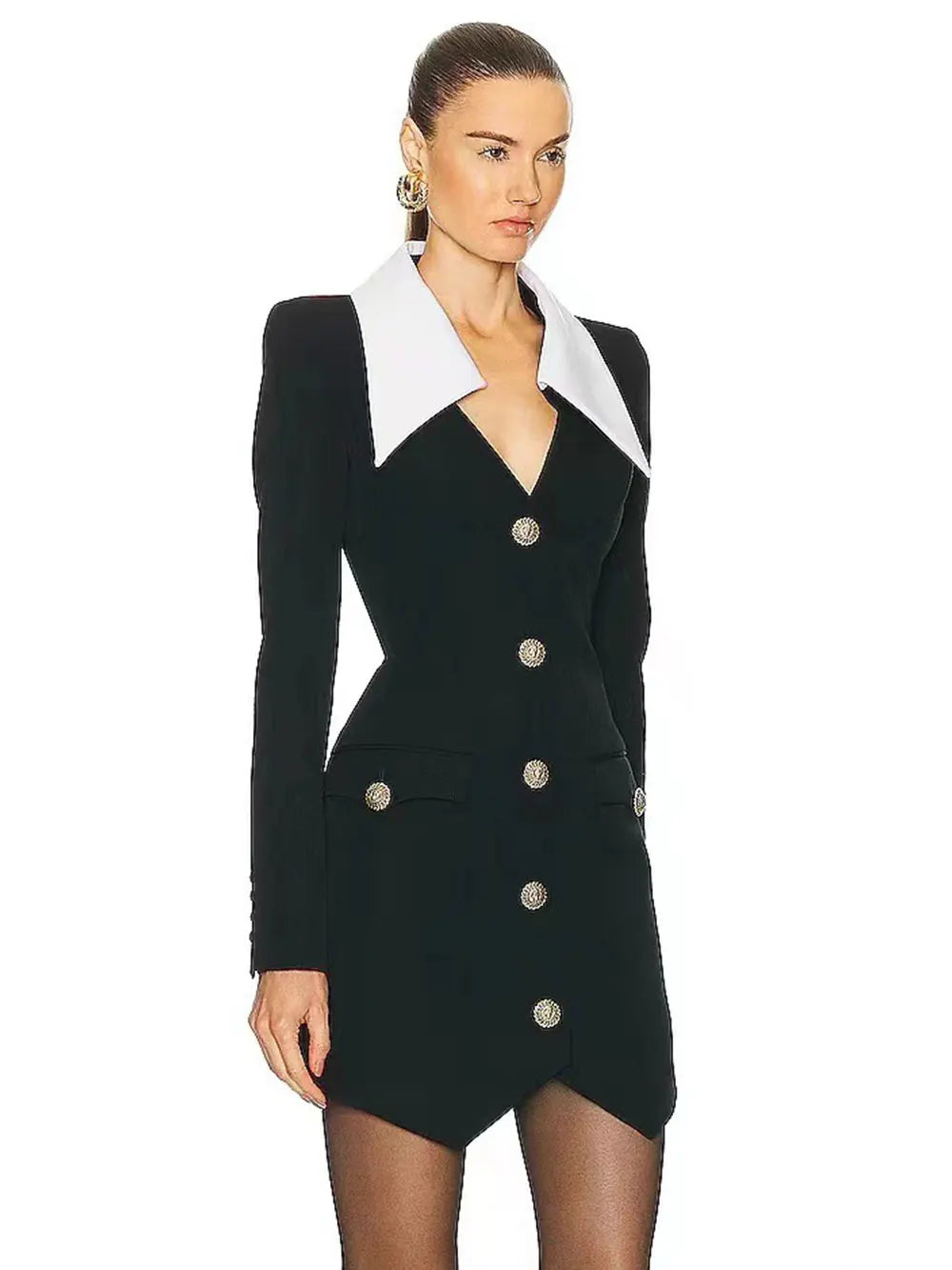 Autumn Women Elegant Bandage Dress with Large Collar Long Sleeve Button Design Bodycon Asymmetric Mini Dress Party Vestidos