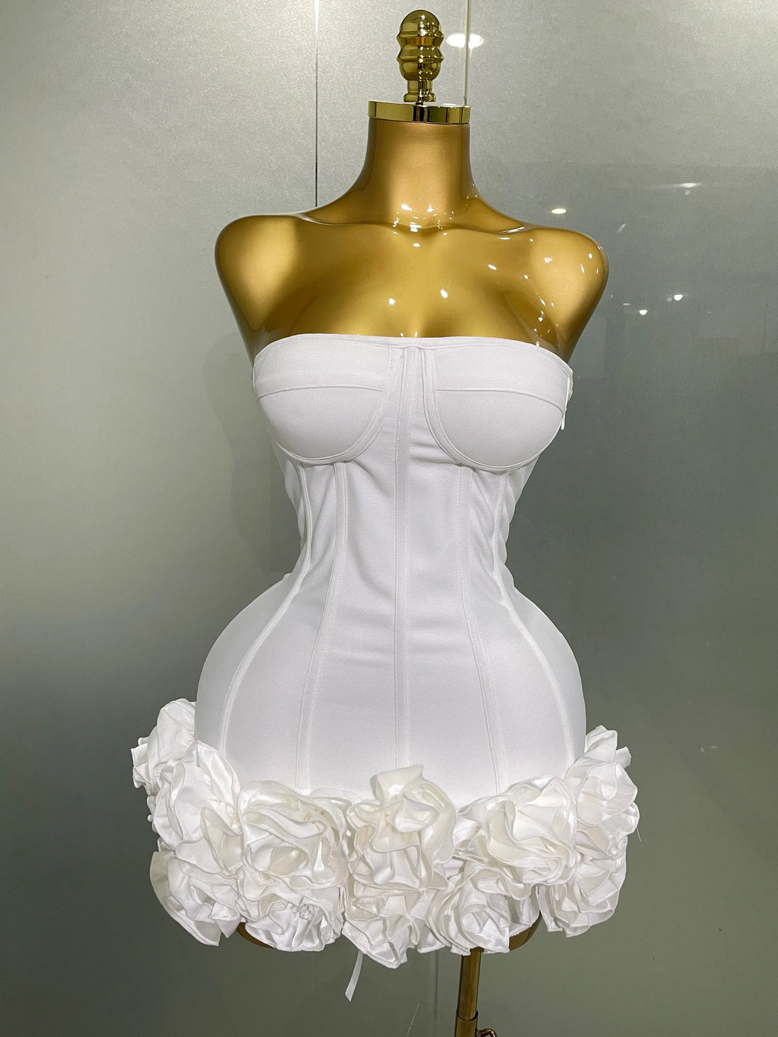 Women Evening Bandage Dress Strapless Bodycon Flowers Mini Celebrity Sexy Birthday Party Dresses Photo Shoot Nightclub Outfit WHITE