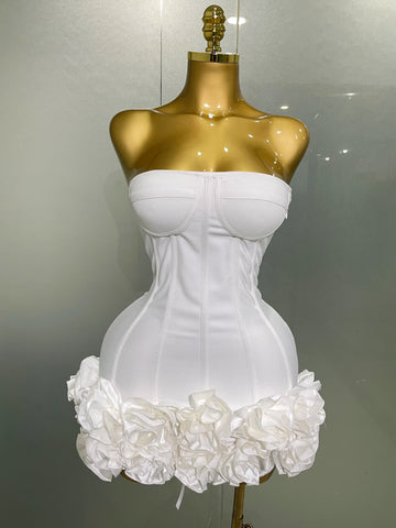 Women Evening Bandage Dress Strapless Bodycon Flowers Mini Celebrity Sexy Birthday Party Dresses Photo Shoot Nightclub Outfit WHITE