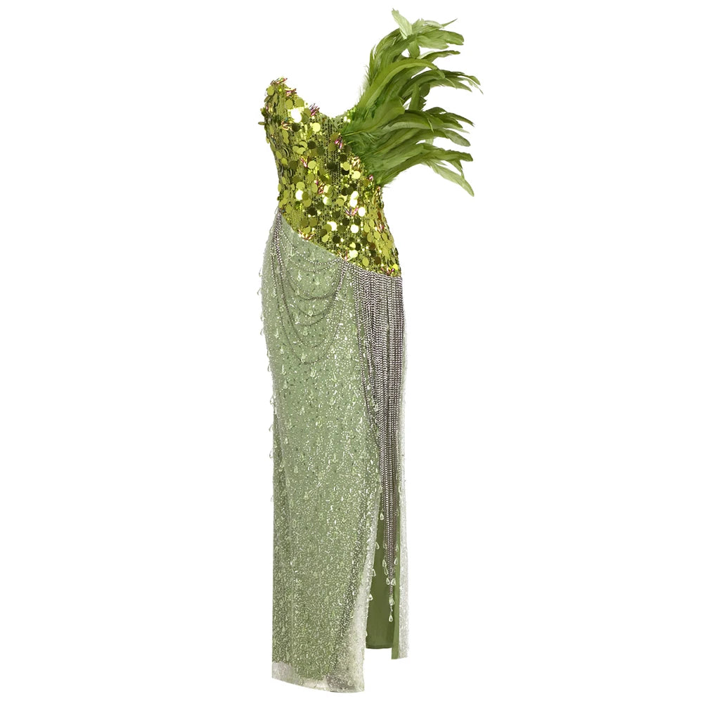 Summer New Green Feather Shining Sequins Strapless Slim High Slit Beads Tassels Party Cocktail Evening Dress army green