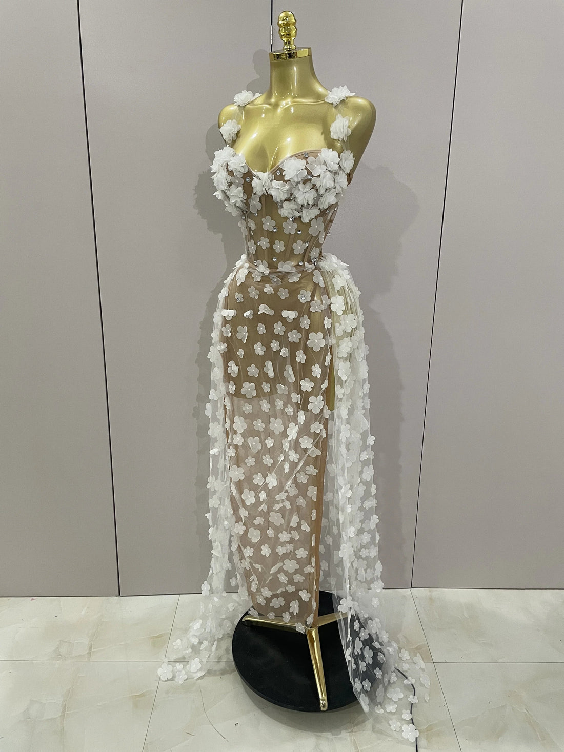 Sexy Mesh See Through Flowers Backless Long Dress Women Elegant Party Wedding Celebrate Evening Gown Prom Hotwife Outfit WHITE