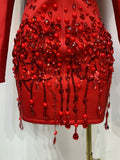 Luxury Rhinestone Deep V-Neck Slim Fit Red Suit Dress Fashion Celebirty Elegant Evening Club Party Dresses