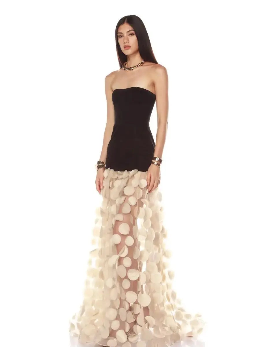 Summer Black Strapless Apricot Hound Piece See-through Long Dress Hem Celebrity Birthday Party Dress Wedding Party Vestido black