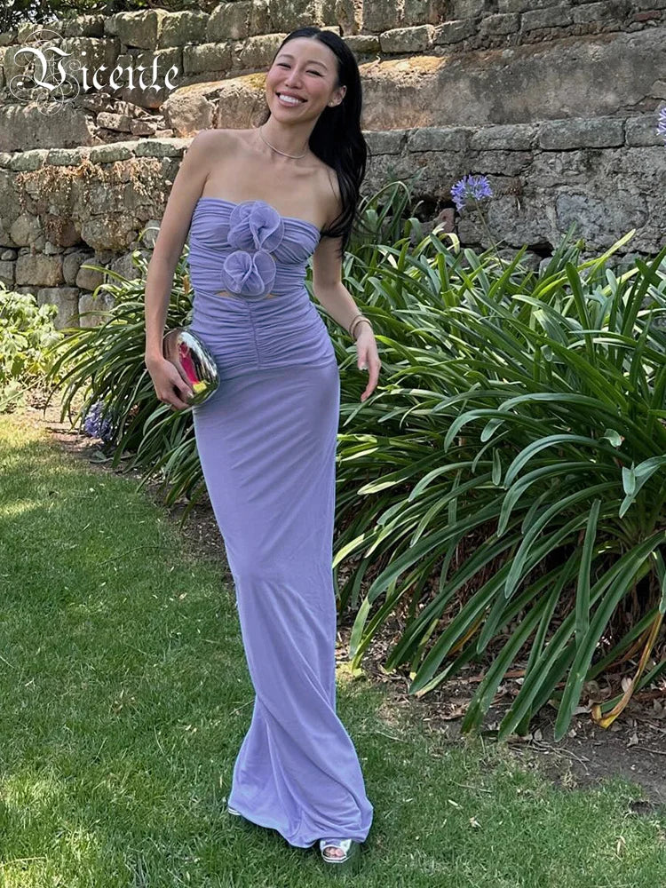 Summer New Light Purple Strapless Flower Bloom Midi Dress Sexy Spicy Girl Style Hollow Out Ruched Dress for Women