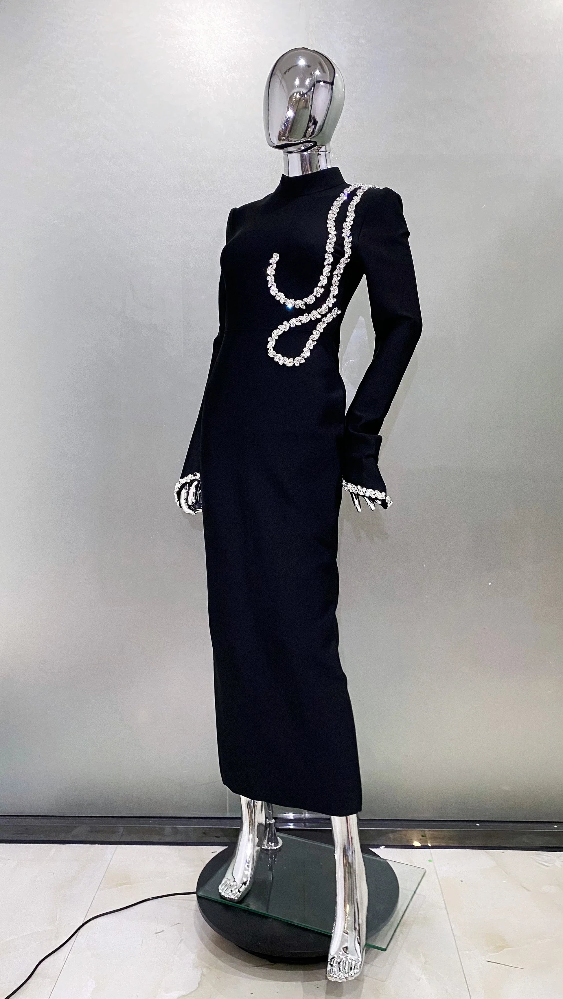 Shining Diamonds Half High Collar Black Long Bandage Dress Elegant Woman Evening Party Dress Cocktail Party Outfit