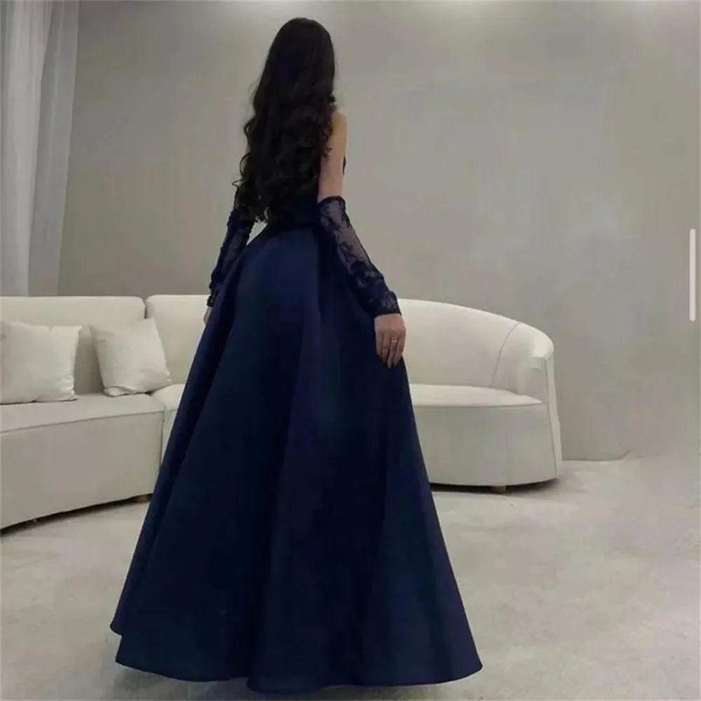Dark Blue Vestidos De Noche With Removable Sleeve Satin Strapless Floor Lenght Prom Dress فساتين السهرة Navy Blue