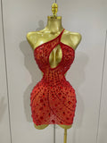 Women Sparkly Big Crystal Sexy Off the Shoulder Mesh See Through Mini Dress Nightclub Party Celebrate Birthday Dress Red