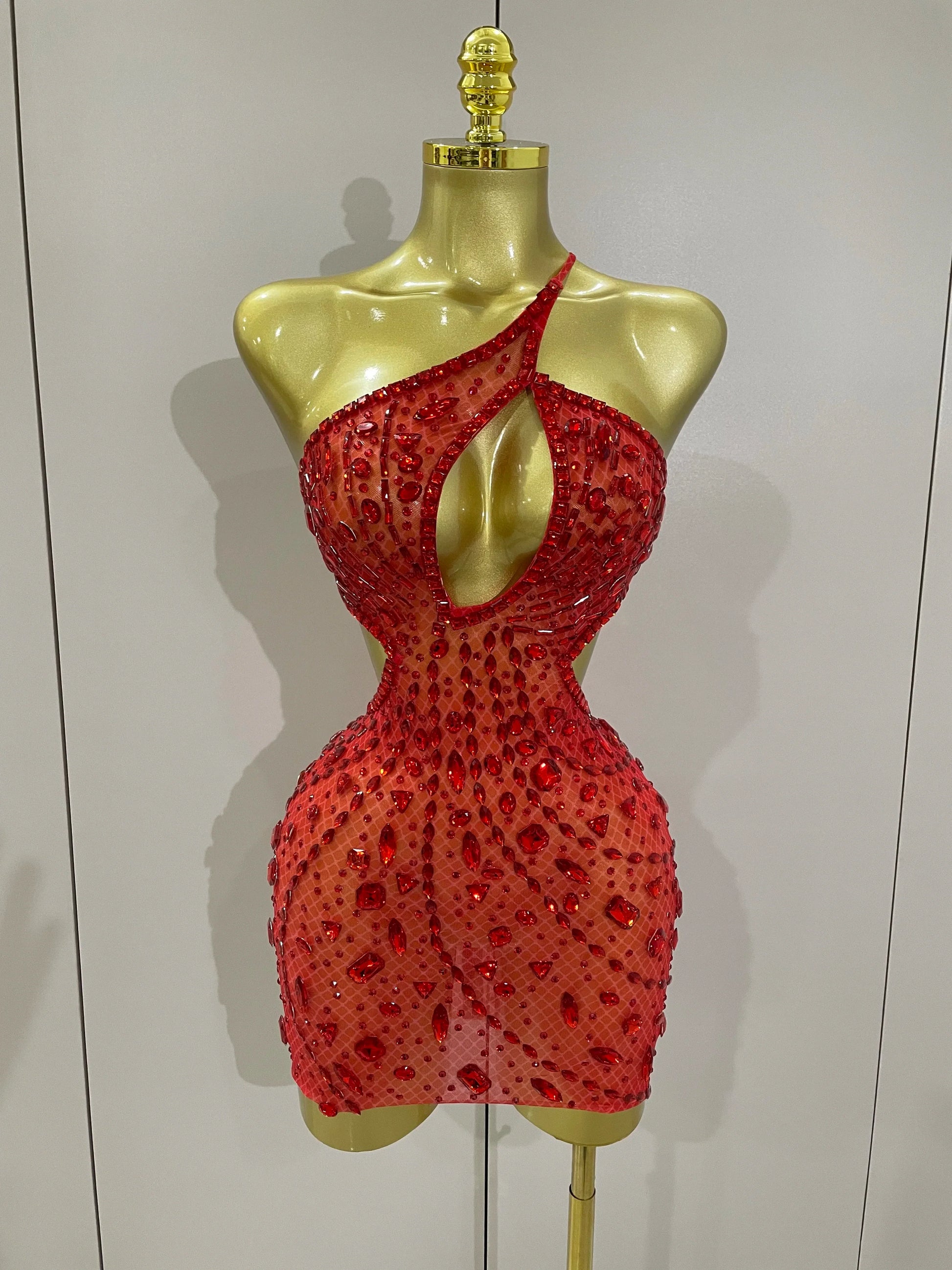 Women Sparkly Big Crystal Sexy Off the Shoulder Mesh See Through Mini Dress Nightclub Party Celebrate Birthday Dress Red