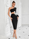 Elegant Women Bandage Dress Luxury Pearls Evening Hollow Out Sexy Dresses Celebrity Night Club Cocktail Party Cloth One Shoulder