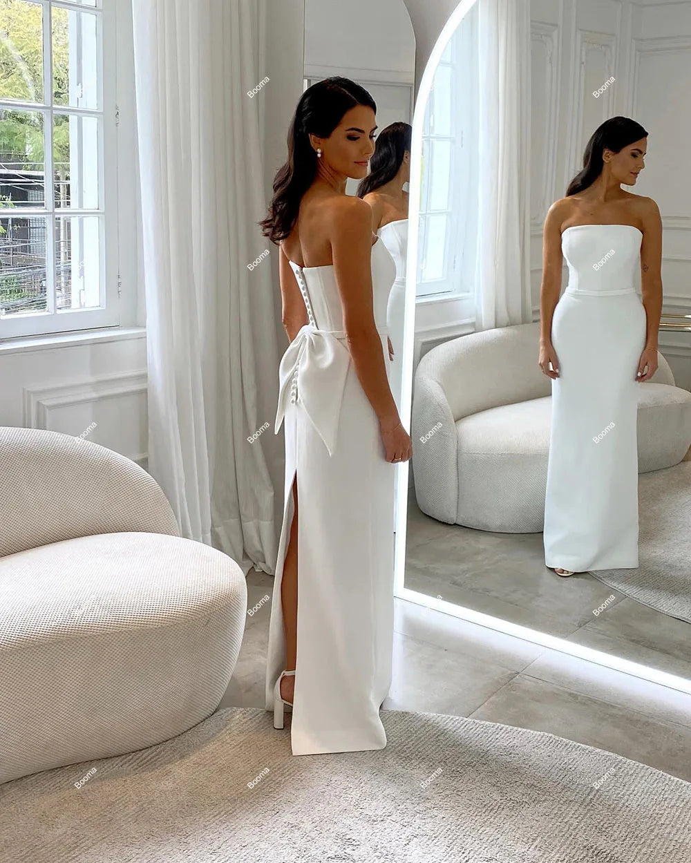White Elegant Mermaid Wedidng Party Dresses Strapless Women's Evening Dress with Bow Button Slit Formal Prom Gowns
