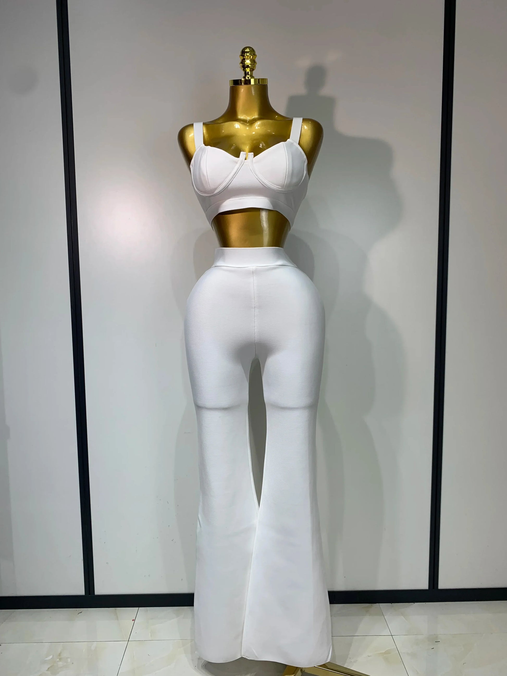 Women Sexy Bandage Crop Top Pant Set Evening Party Club Luxury Birthday High Street Fashion Elegant Luxury Birthday Outfit ﻿ WHITE