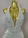 Luxury Shiny Diamonds Pearl Flowers Deep V Halter Short Dress Women Celebrate Eveing Celebrity Birthday Party Dress