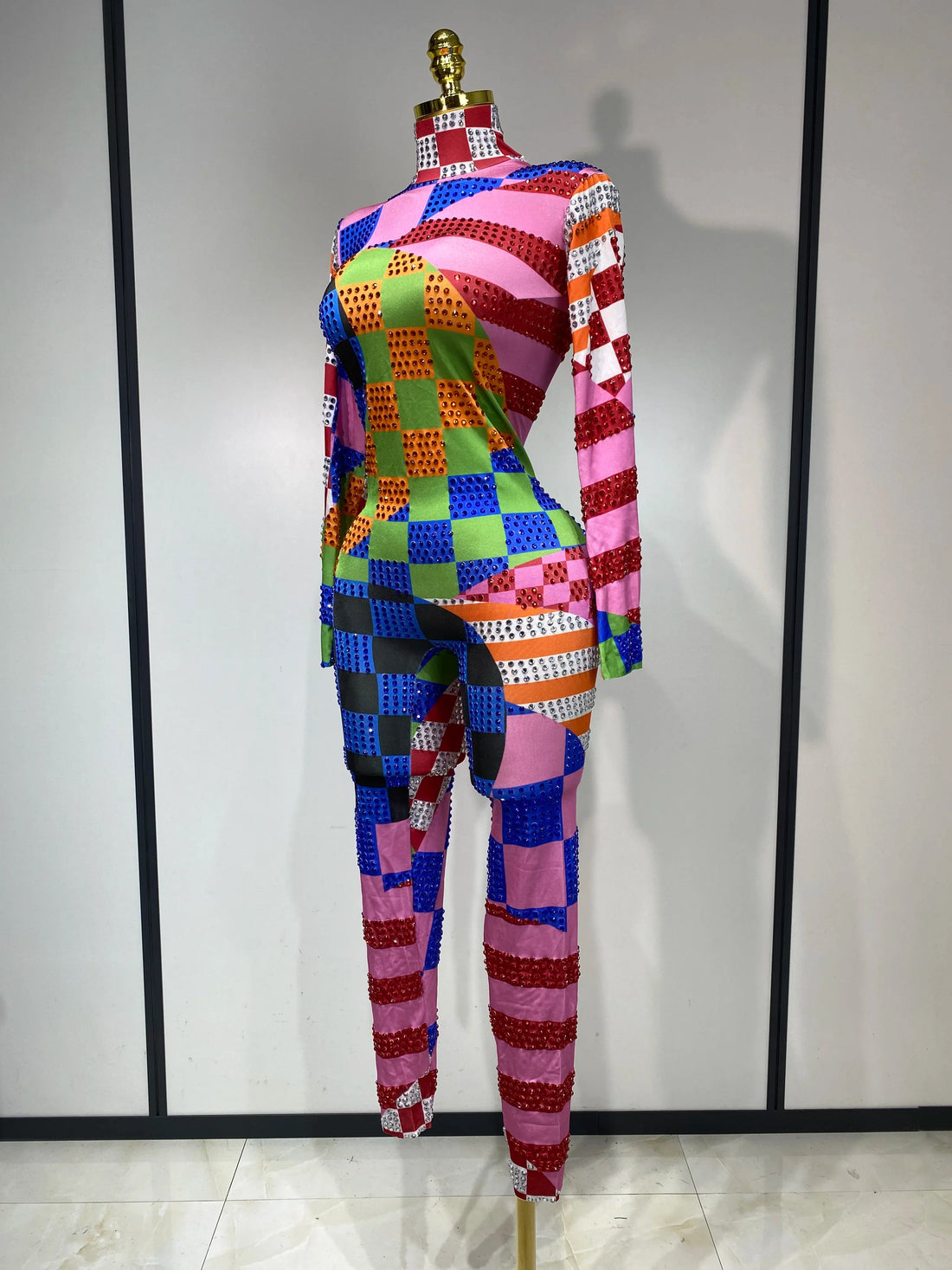Colorful Printed Sparkly Rhinestones Jumpsuit Women Sexy Long Sleeve Performance Dance Costume Stage Evening Party Club Outfit MULTI
