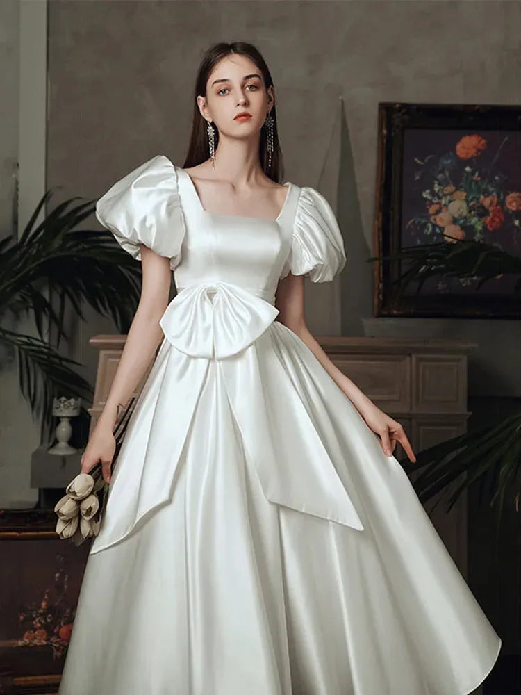 White Satin Wedding Dresses for Bride Elegant Puff Sleeve Retro Hepburn Palace Princess Dress Summer Women Long Formal Dress White