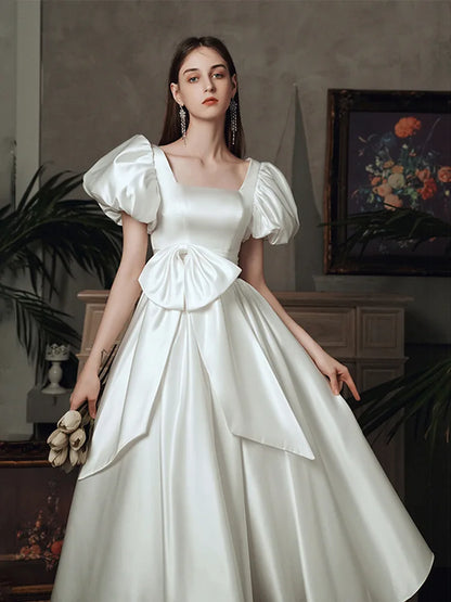 White Satin Wedding Dresses for Bride Elegant Puff Sleeve Retro Hepburn Palace Princess Dress Summer Women Long Formal Dress