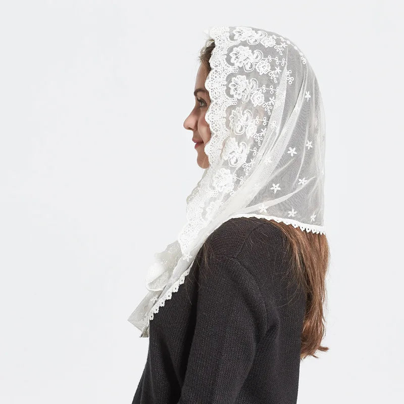 Lace Mantilla Veil For Church Floral Spanish Muslim Head Covering Shawl For Women White Chapel Catholic Veils For Wedding Bridal as pic 1