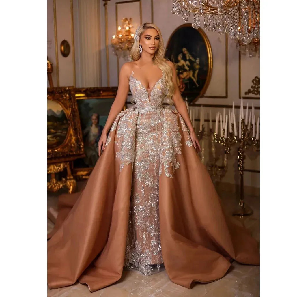Gold Lace Mermaid Evening Dresses with Detachable Train Luxury Sequins Appliqued Formal Occasion Dress Overskirts Long Prom Gown as picture color