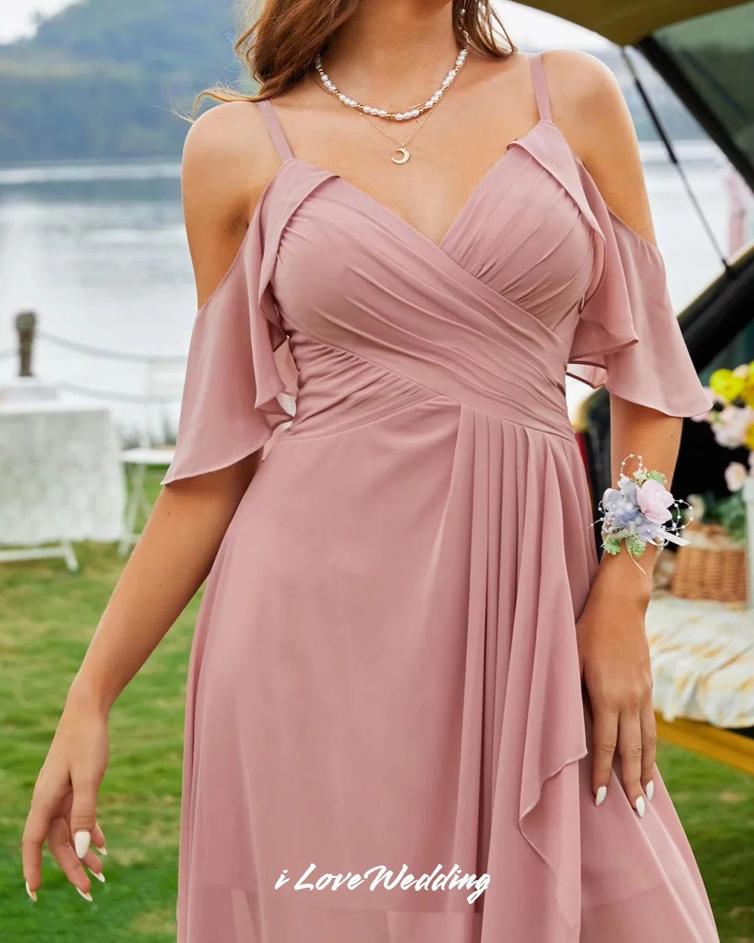 Pink Chiffon Bridesmaid Dresses Off the Shoulder Spaghetti-Strap A-Line Ruffles Side Split Wedding Party Dresses Customized 152