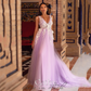 Lavender Vestidos De Fiesta Elegantes Para Mujer Elegant Lace Embroid Prom Dresses V-neck Vestidos De Noche