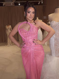 Party Artistic Glam Pink Mesh Sequin Strapless Backless Dress with High Slit Galas Gown