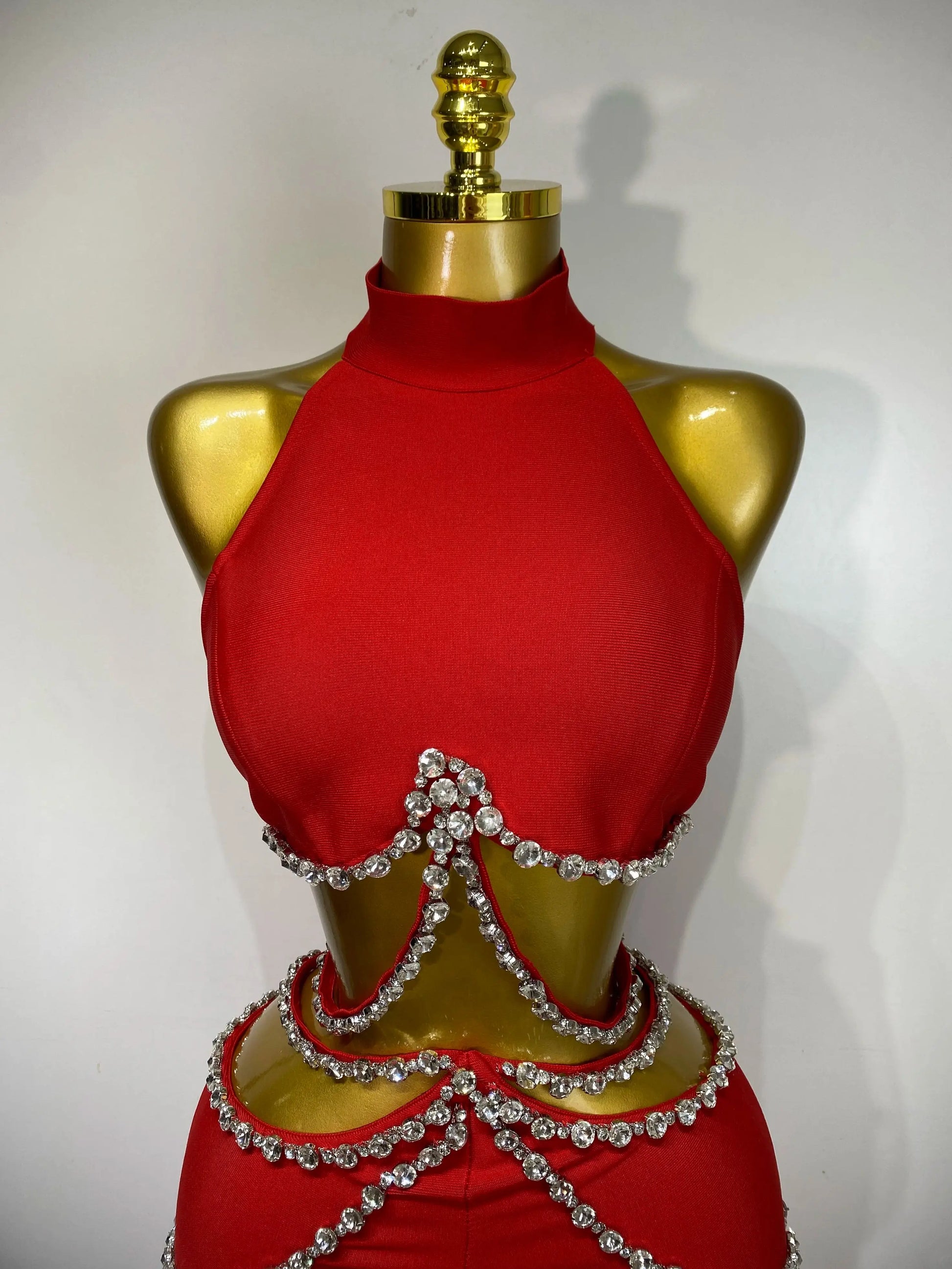 Women Luxury Rhinestone Red Sexy Cut Out Two Piece Pants Bandage Set Celebrity Designer Fashion Women's Set Stage Outfit