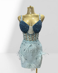 Luxury Feathers Blue Diamonds Sexy See Through Spaghetti Mini Dress Woman Birthday Party Vestido Club Party Outfit