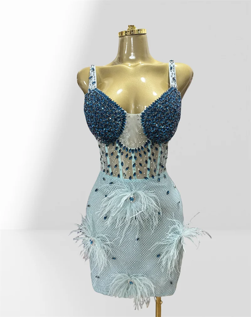 Luxury Feathers Blue Diamonds Sexy See Through Spaghetti Mini Dress Woman Birthday Party Vestido Club Party Outfit