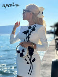 Women Sequined Bead Flower Elegant Dress O-Neck Long Sleeved Bodycon Mini White Dress Celebrity Cocktail Party Vestidos