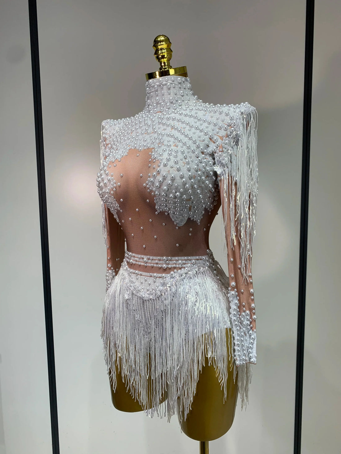 Women Long Sleeve Sexy Stretch Bodycon Shinning Tassels Rhinestones Bodysuit Celebrate Birthday Club Evening Party Stage Outfit WHITE