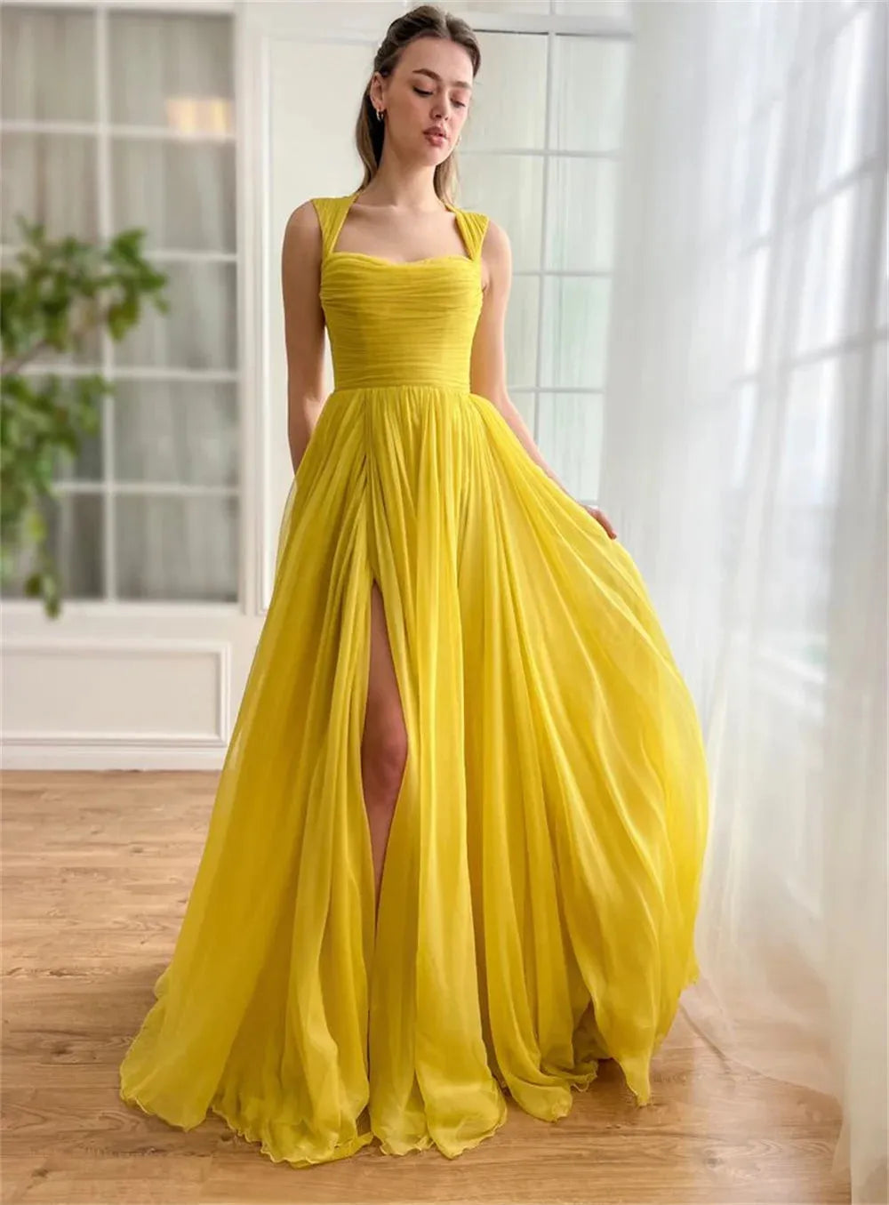 Yellow Tulle Prom Dresses Detachable Shawl A-line فساتين السهرة Elegant Sleeveless Side Split vestidos verano moda as pic