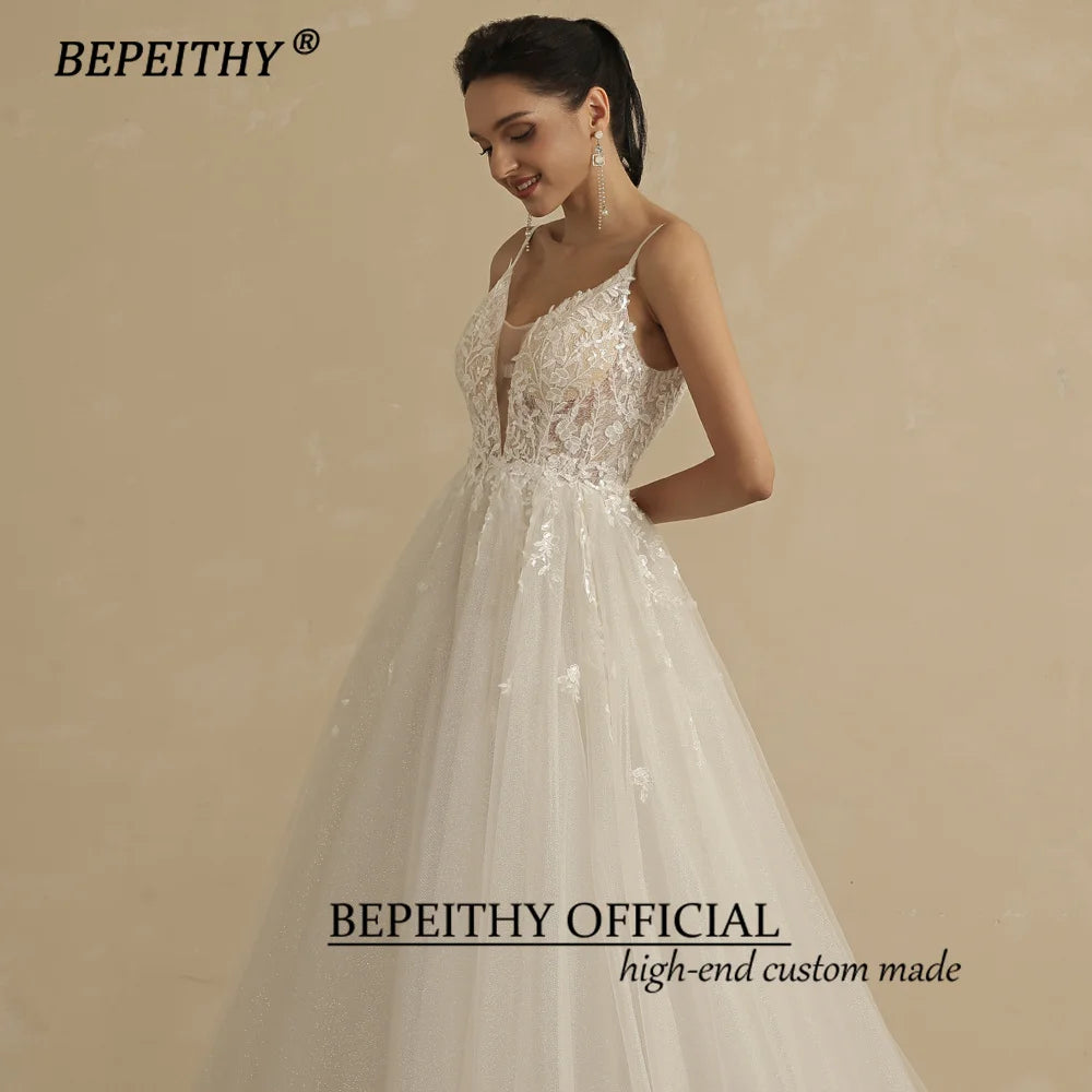 Deep V Neck Spaghetti Straps A Line Lace Wedding Dresses For Women Glittler Sleeveless Boho Bridal Party Gown