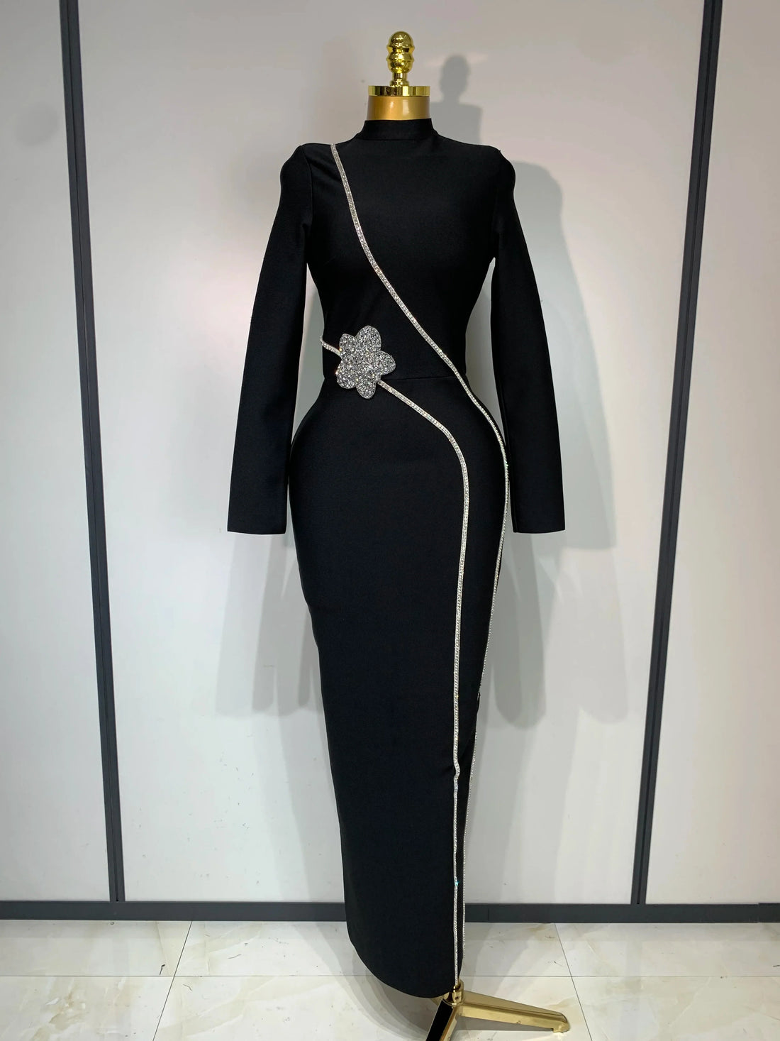 Newest Fashion Designer Party Dress Women's Formal Long Sleeve Diamonds Bodycon Bandage Dress Elegant Luxury Birthday Gown black