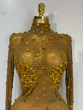 Women Sexy Gold Rhinestones Sparkly See Through Mini Dress Evening Party Fashion Performance Stage Outfit Luxury Birthday Dress