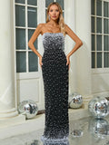 Black Strapless Pearls Embellished Long Dress For Women Sleeveless Beaded Bodycon Party Cocktail Evening Gown