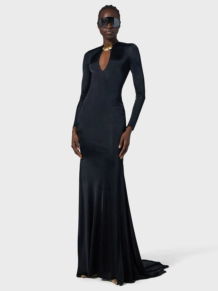 Sophisticated Long Sleeved Black Maxi Dress with Cut-Out and Open Back for Gala Affairs Evening Gown