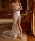 Pearls Embellished Mermaid Long Dres Spagetiee Straps Side Split Lace Appliques Sleeveless Party Evening Bridal Wedding Gown