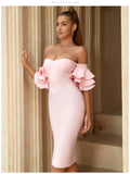 Bandage Elegant Dresses for Women Off Shoulder Sexy Knee Length Luxury Dress Celebrity Night Club Bodycon Modest Cocktail Cloth Pink