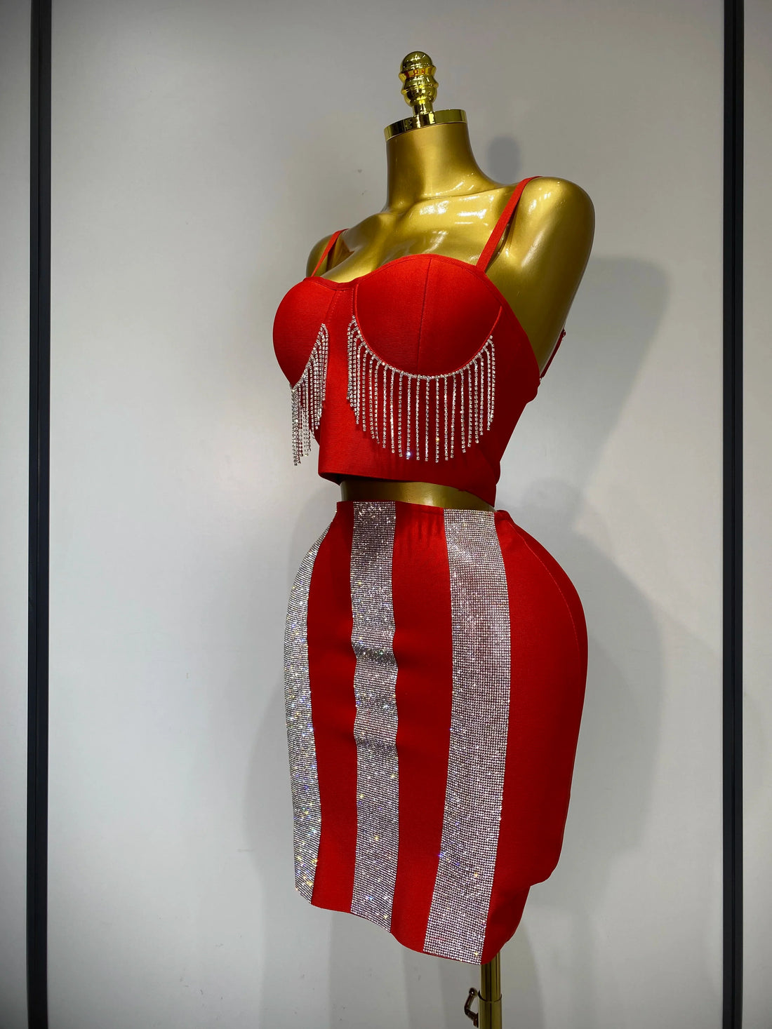 Women Sexy Sling Backless Tassels Bandage Skirt Two Piece Set Knitted Celebrity Elegant Evening Luxury Birthday Dresses Red