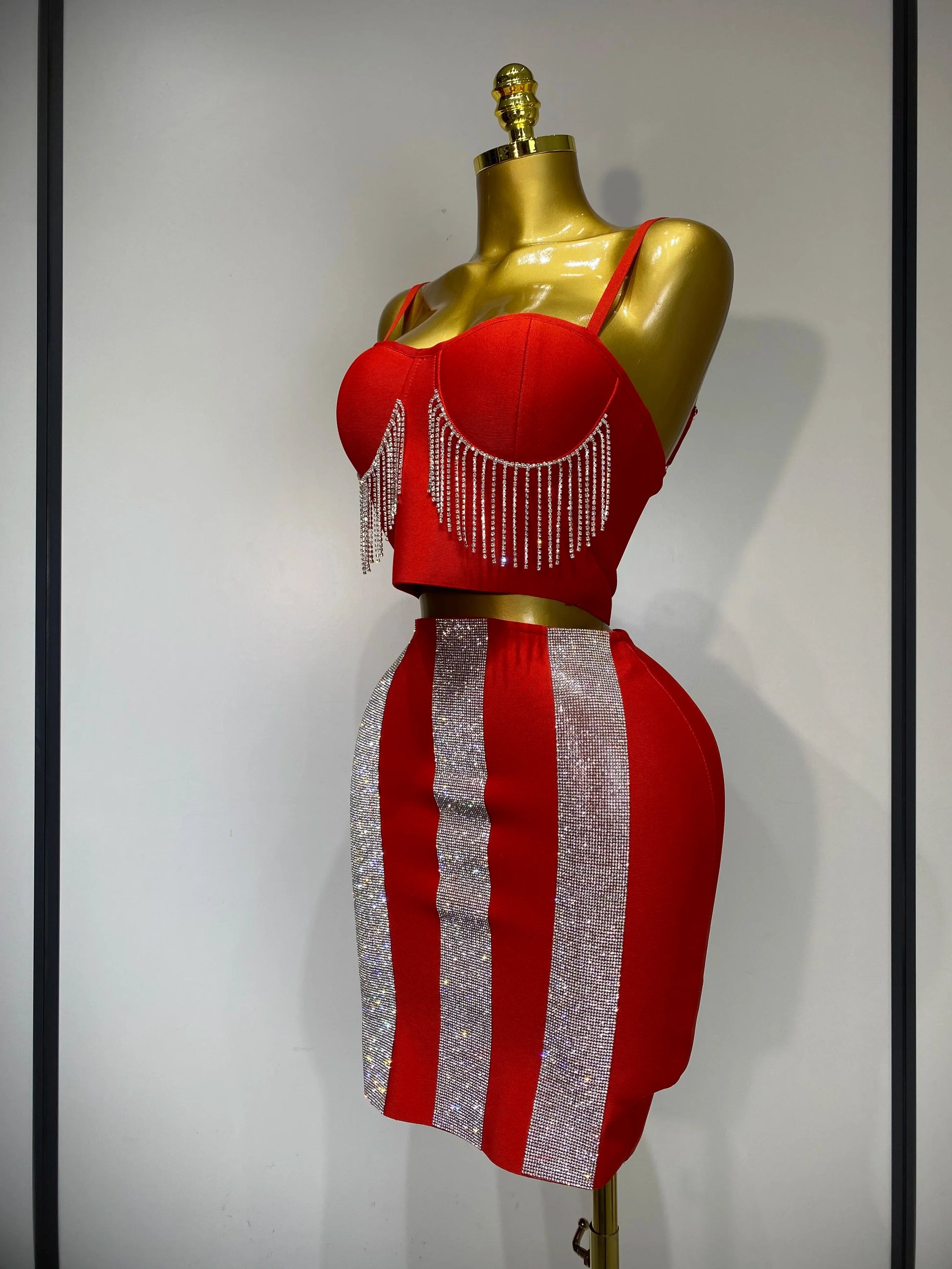 Women Sexy Sling Backless Tassels Bandage Skirt Two Piece Set Knitted Celebrity Elegant Evening Luxury Birthday Dresses