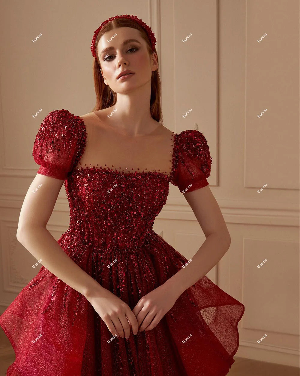 Red Glitter Wedding Dresses Square Collar Ruffles Prom Gowns Sequined Princess Bridals Evening Dress for Women with Train