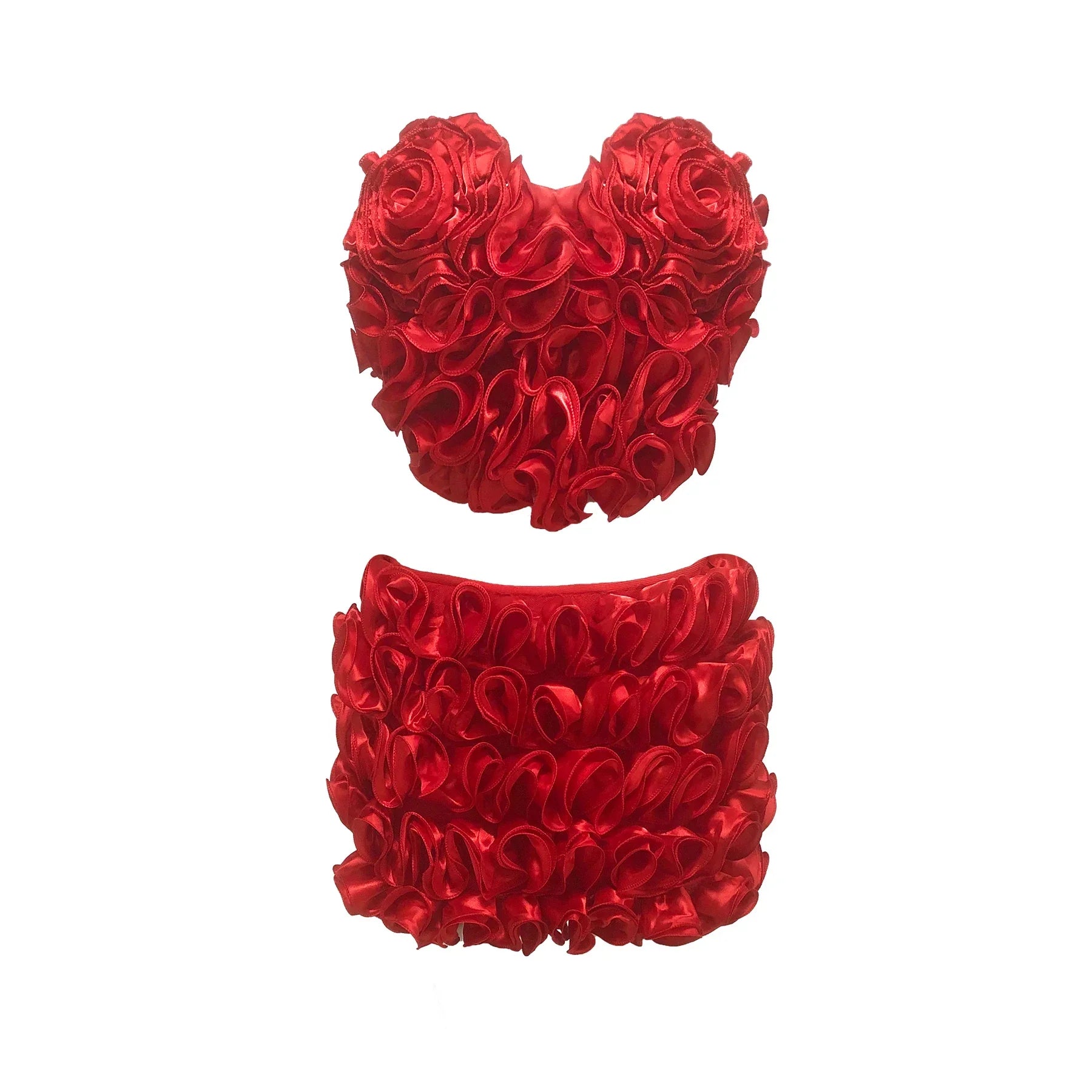 Red Color Women Birthday Party Rose Set Music Festival Outfit Short Sexy Strapless Tops And Mini Skirt 2 Pieces