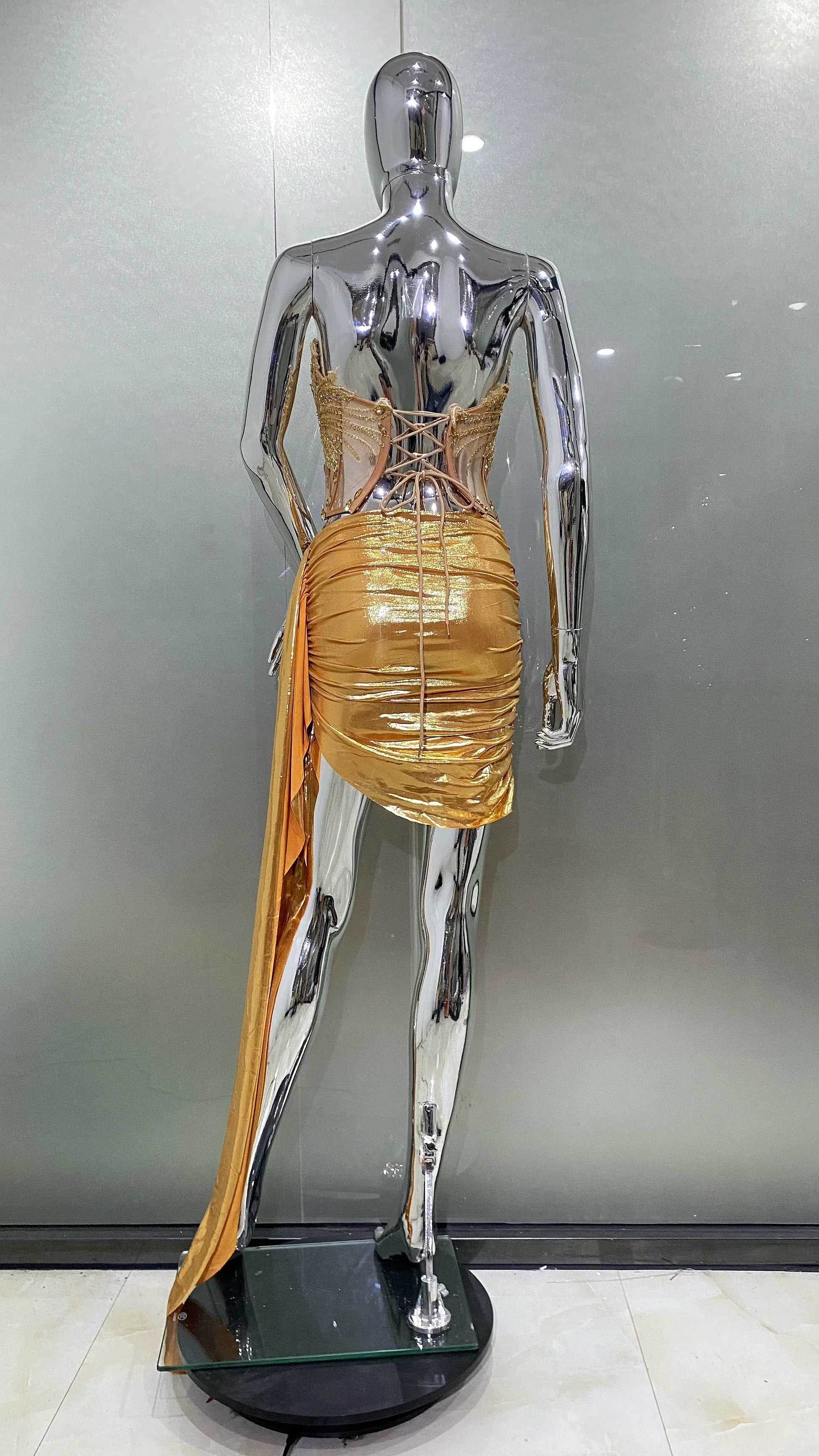 Golden Sparkling Diamonds Sexy See Through STrapless Top And Mini Skirt 2 Pieces Woman Set Party Vestido Performances Costume