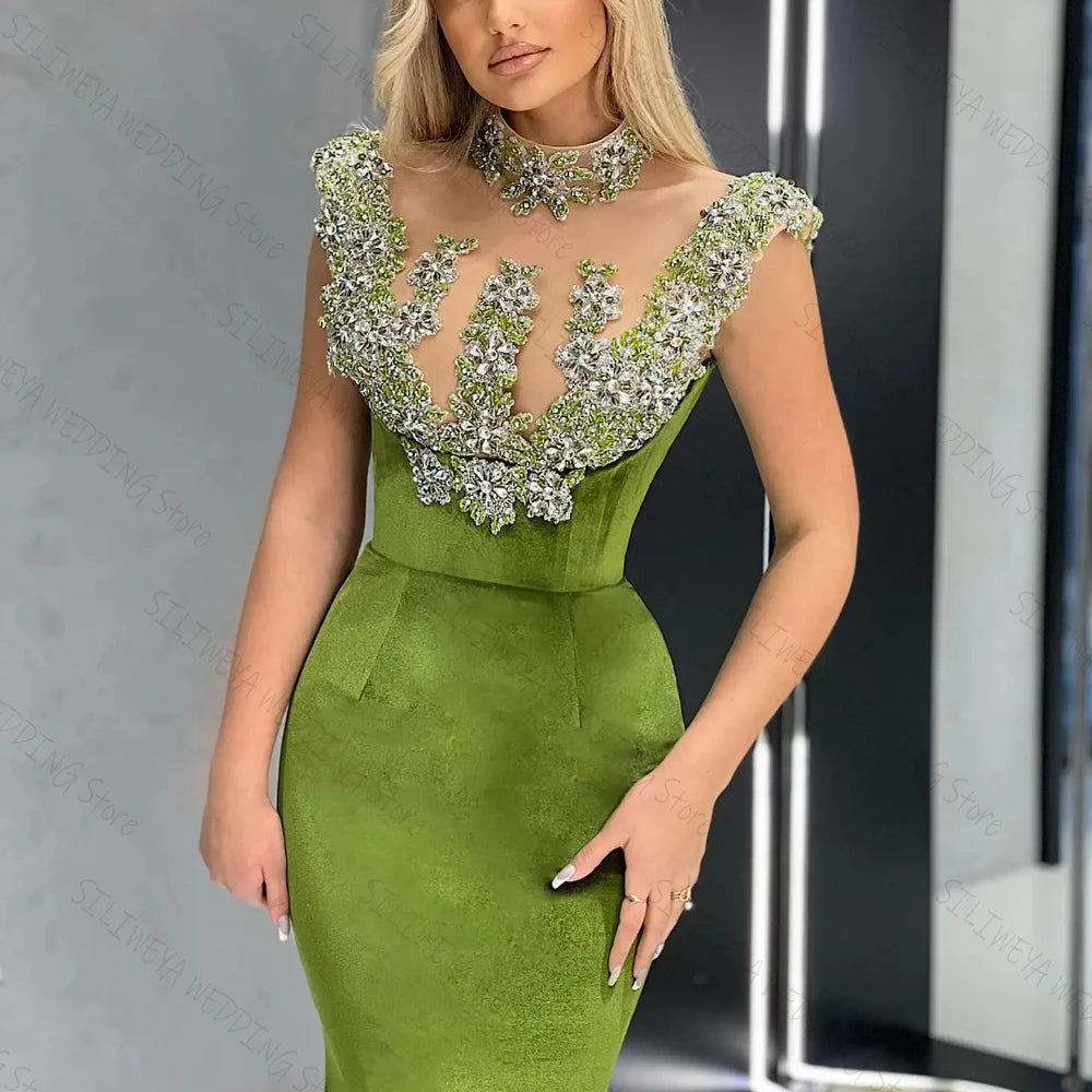 Green Velvet Mermaid Evening Dress Sleeveless Sequined Appliques High Neck Sexy Gowns Custom For Women