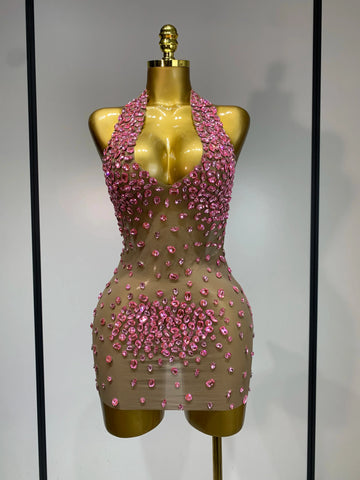 Luxury Rhinestones Backless Mini Dress Women Sexy Mesh Transparent Celebrate Evening Birthday Photo Shoot Perform Stage Outfit Pink