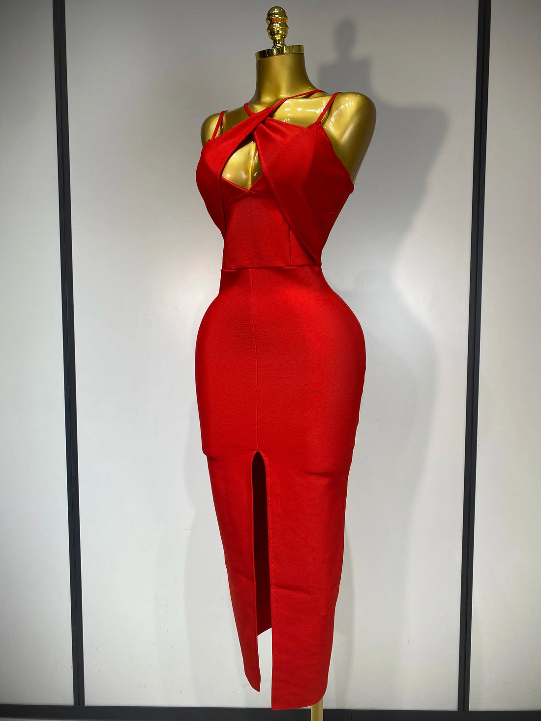 Women Sexy Sleeveless Hollow out Split Backless Red Midi Bandage Dress Celebrity Elegant Evening Luxury Birthday Dresses Red