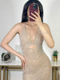 Luxury Sparkle Crystal Straps V-Neck Hollow Out Bodycon Rhinestone Party Dresses Birthday Evening Prom Maxi Dress